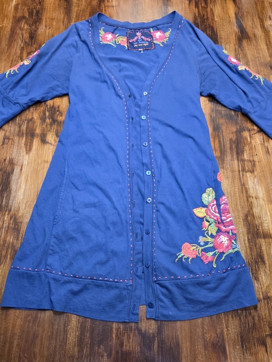 Johnny Was Sweaters - Johnny Was Blue embroidered button up 3/4 sleeve cardigan womens size M Boho